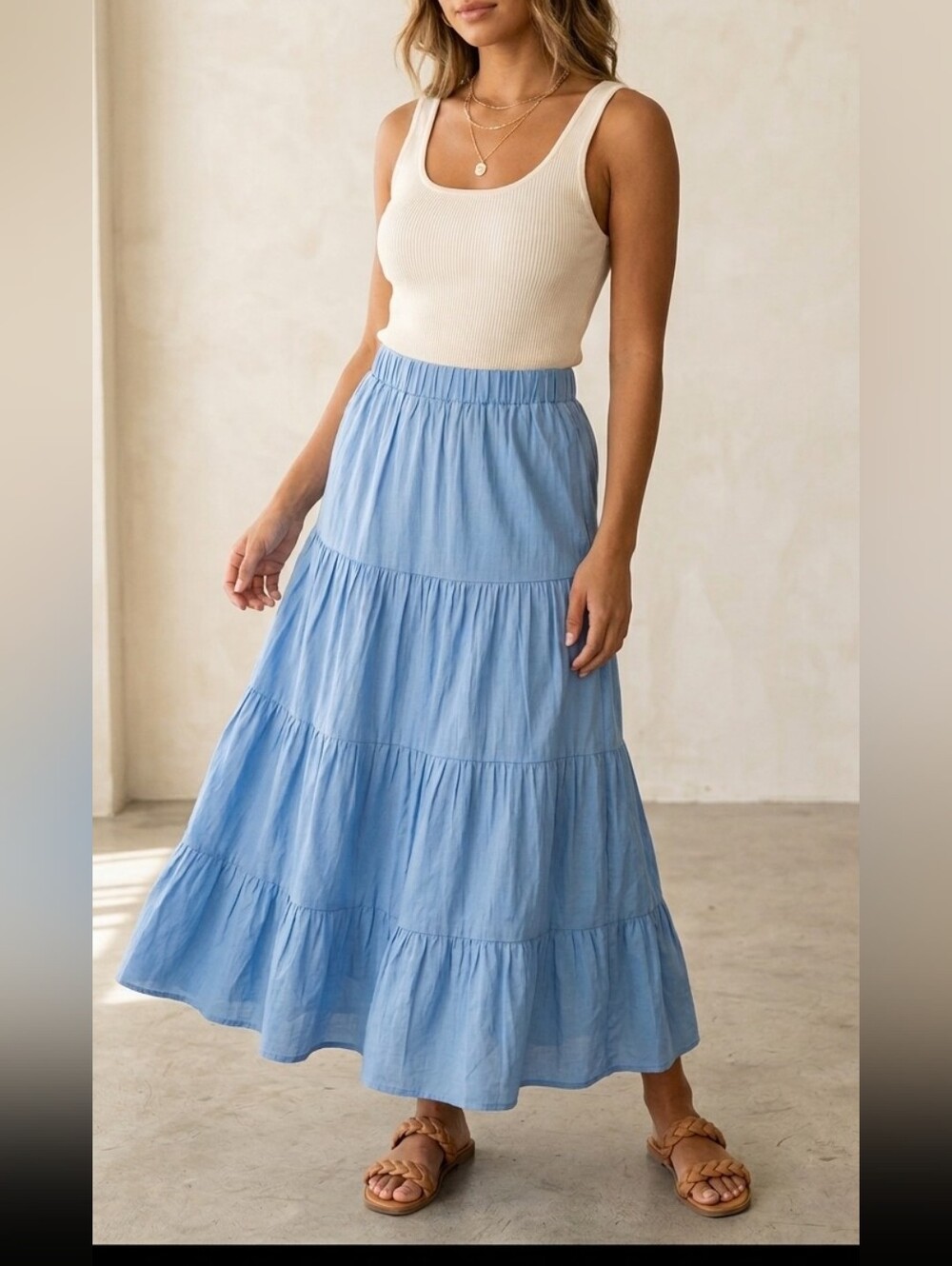 Pink Lily Blue Tiered Maxi Skirt Small Boho Cottagecore Prairie Elastic Waist